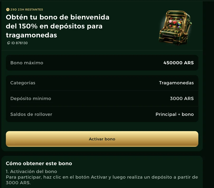 Condiciones del bono de casino de OroPlay: bono máximo 450.000 ARS, tragamonedas, depósito mínimo 3.000 ARS, rollover sobre saldo principal y bono