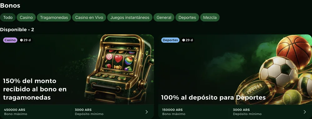 Bonos disponibles en una cuenta argentina de OroPlay: 150% para tragamonedas hasta 450.000 ARS y 100% para deportes hasta 150.000 ARS, depósito mínimo 3.000 ARS
