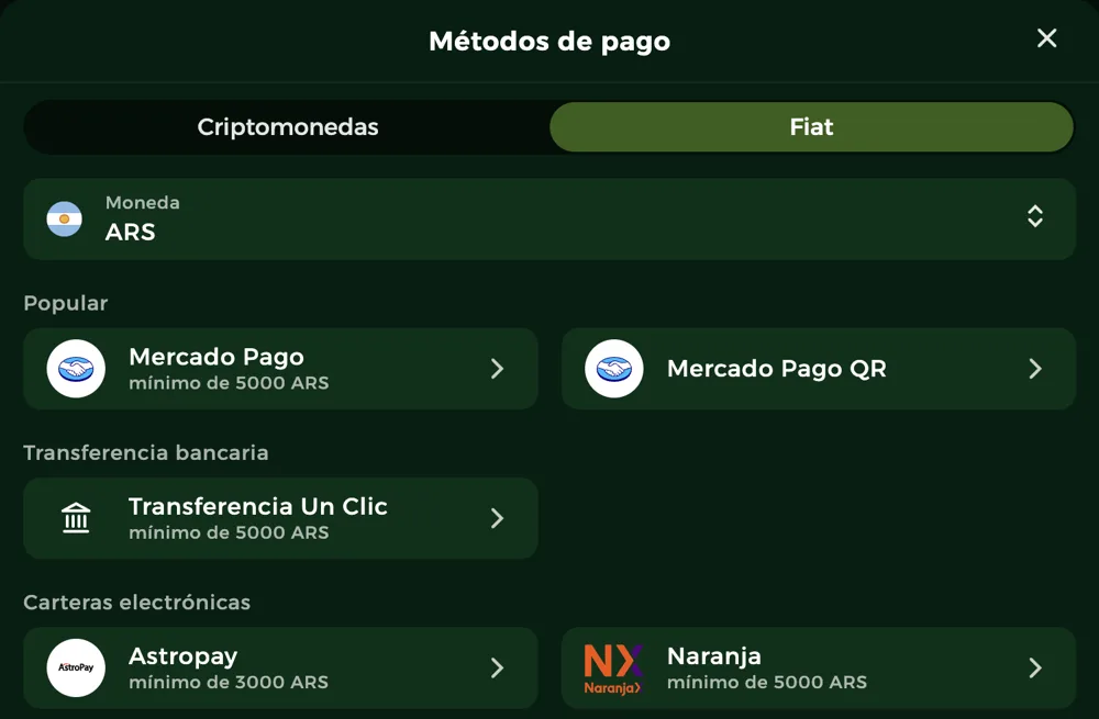 Caja de OroPlay en ARS: Mercado Pago y Mercado Pago QR, Transferencia Un Clic, Astropay y Naranja con sus mínimos